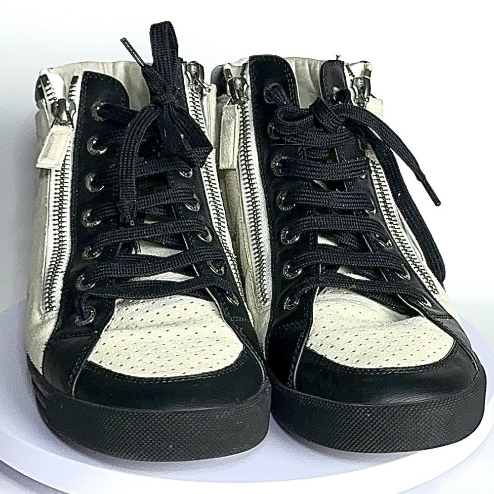 CHANEL Black & Cream High-Top Sneakers Size 38.5 Leather Suede Side Zip US 8